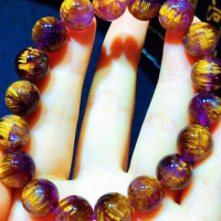 Natural Purple Cacoxenite Auralite 23 Gold Rutilated Quartz Bracelet 10.7mm Round Beads Women Men AAAAA