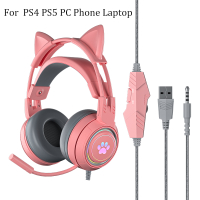 For PS5 Headphones with Microphone HiFi Stereo Bass Cat Ears Headset Gamer Girls RGB Black Pink Helm