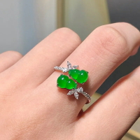 《雙福》甜綠滿綠玉髓葫蘆 s925純銀鑲嵌鉆 氣質款雙葫蘆戒指
