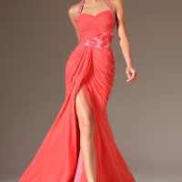 Halter Orange Chiffon Formal Evening Gowns ,High Slit Beaded Mermaid Evening Dresses