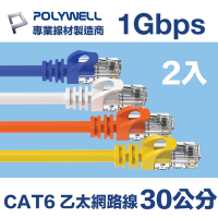 POLYWELL CAT6 高速乙太網路線 UTP 1Gbps 30公分 (2入)
