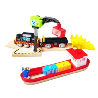 Wooden Dock Loading Crane Cargo Ship Toy Set Scene Compatible With Train Wood Track Children Track Series Toy Accessories
