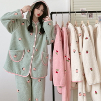 冬季女士睡衣復合加絨加厚珊瑚絨連帽保暖時尚慵懶休閑家居服套裝