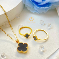 Glamour Gracess - perhiasan 1 set anti karat anti luntur Bunga Semanggi Hitam Gold Kalung, Cincin & 