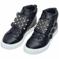 【Hermes 愛馬仕】皮革銀鉚釘三釦高筒運動鞋(黑色H232107Z-BLK-37)