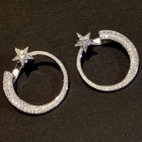 Custom Solid 10K White Gold Women Hoop Earrings Star Circle Push Earring Back Moissanite Diamonds Wedding Engagement Anniversary