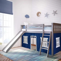 Low Loft Bed Twin Bed Frame For Kids With Slide and Curtains For Bottom Grey/Blue Children's Furniture