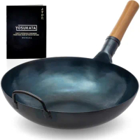Flat Bottom Wok Pan - 13.5" Blue Carbon Steel Wok - Preseasoned Carbon Steel Skillet - Traditional Japanese Cookware