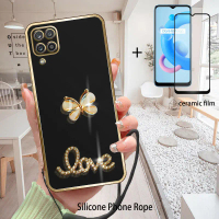 เคสคริสตัลแวววาวสำหรับ Samsung A12 M12 ตัวป้องกันหน้าจอ ฟิล์มเซรามิกและสายรัดโทรศัพท์ซิลิโคนสำหรับเด
