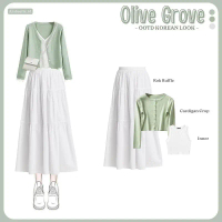 Outfitset OOTD - Setelan Wanita Olive / Rok Ruffle Panjang / Atasan Cardigan Crop / Inner Knit Nyama
