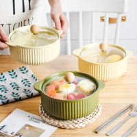 6.5 Inch Nordic Ceramic Soup Pot With Lid Cute Student Dormitory Rice Bowl Instant Noodle Bowl Two Ear Soup Bowl Home Use