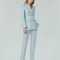 Tesco 2 Women's Suit Triple Breasted Peak Lapel Clothes For Women Office Sets 2 Piece Jacket Blazer Pants For Office Suit