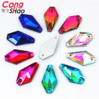Cong Shao 50pcs 11*20mm AB Colorful Flatback Glass Hexagonal Rhinestone stones and crystals sewing 2 Hole Wedding Dress CS152