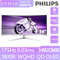 Philips 飛利浦 34M2C8600 34型 QD OLED 4K 175Hz曲面電競螢幕(HDR400/21:9/1800R/0.03ms/Type C)