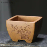 7 styles Chinese Purple Sand Flower Pot Rectangular Bonsai Pot Desktop Bonsai Pot Handmade Carved Flower Pot Home Decor LF284