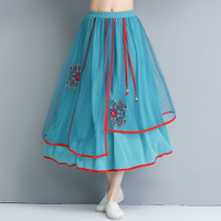 夏季新款原創設計復古刺繡民族風半身裙中國風網紗A字大擺裙