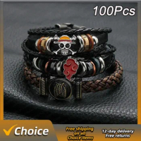 Cartoon Action Figure One Piece Luffy Pirate Bracelet Toy Straw Hat Punk Black Leather Braided Bracelet Cosplay Accessories Gift