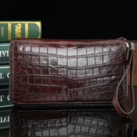 Real genuine crocodile head skin big size men wallet clutch with inner cow skin lining double zips closure men business holder
