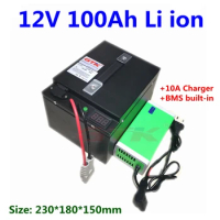 Steel case 12V 100Ah Lithium li ion battery 12V with BMS 3S for eletric boat solar storage UPS RV solar power system+10A charger