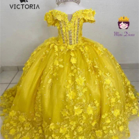 Yellow Lace Flowers Off The Shoulder Ball Gown Flower Girl Dress Mexican Sweet 15 16 Dress Corset Tulle Vestidos De 15 Años