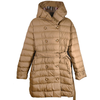 BURBERRY WITLEY 品牌經典格紋連帽款繫腰帶中長版羽絨外套(咖)
