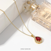 Kalung Wanita Mewah Liontin Batu Merah – Perhiasan Emas Fashion Anti Karat Viral  Hadiah Elegan