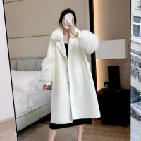 Double Faced Wool Coat With Fur Winter Real Fox Fur Collar Long Plus Size Ladies Handmade Women Cashmere Wool Fur Coat For Women