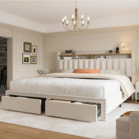 Queen Bed Frame with Headboard and Storage, Upholstered Queen Bed Frame with Storage, Queen Size Bed Frame with 2 Drawers