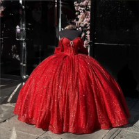 Impassioned Shinning Red Ball Gown Quinceanera Dress Off The Shoulder Mexican Sweet 16 Dress Princess Lace-up Vestido De 15 Años
