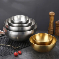 15cm/20cm/24cm/28cm Korean Stainless Steel Salad Bowl Multifunctional Cooking Basin Noodle Bowl Round Golden Silver Bowl