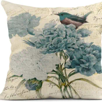 Summer Watercolor Blue Hydrangea Flowers and Birds Linen Pillow Cover Home Decoration Pillowcase Square Sofa Bed Cushion Cover