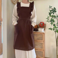 Japan Style Linen Kitchen Apron For Cooking Baking Solid Color Lacework Bib Aprons for Woman