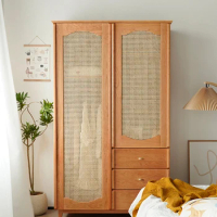 Solid wood rattan two-door wardrobe, wardrobe, open household bedroom, household