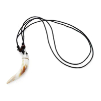 1pc Immitation Yak Bone Resin Wolf Tooth Charms Pendant With Black Wax Cord Lucky Amulet Necklace For Men Women Jewelry