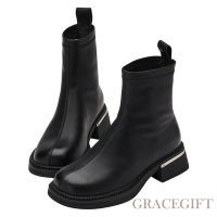 【Grace Gift】前衛金屬感圓頭厚底襪靴 黑