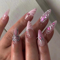 3D Handmade Press on Nails with Charms Medium Almond Fake Nails Cute French Nails Press ons Butterfl