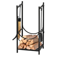 Artisasset Indoor And Outdoor Wrought Iron Fireplace Firewood Stand Black Paint 33 Inches High Square With 4 Tools[US-Stock]