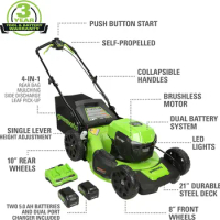 Greenworks 48V (2 x 24V) 21" Brushless Cordless (Self-Propelled) Lawn Mower (LED Headlight), (2) 5.0Ah Batteries and Dual