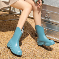 【baibeauty 白鳥麗子】百搭馬卡龍素面低跟中筒靴(防水雨靴)