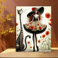 1 Framed Oil Painting Wall Decoration - Girl and Cat in Fantasy Floral Outfits, Modern Decoration, I