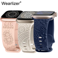 Wearlizer Engraved Floral Band for Apple Watch Band 49mm 45mm 44mm 42mm 41mm 40mm Silicone Sport Strap for iWatch 8/7/6/5/4/3/SE