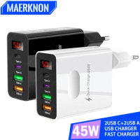 4 Ports USB Fast Charger 45W PD Type C Digital Display Phone Charge Adapter For iPhone 14 Xiaomi Samsung Multi Plug Wall Charger