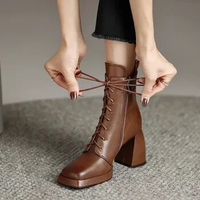 Women High Heels Ankle Shoes Chunky Platform Chelsea Boots Autumn 2024 Lace Up Square Toe Casual Brand Zapatos De Mujer Trafza