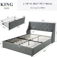 Allewie King Size Bed Frame with 4 Storage Drawers and Wingback Headboard, Button Tufted Design, No Box Spring Needed, Light Gre