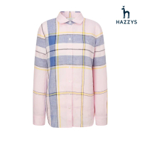 【HAZZYS】女款粉色品牌經典格紋亞麻格紋襯衫-M
