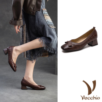 【Vecchio】真皮跟鞋 粗跟跟鞋/真皮羊皮蝴蝶結滾邊造型淺口粗跟鞋(咖)