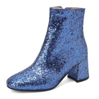 Big Size 48 49 50 Gold Silver Blue Sequined Cloth Glitter Winter Shoes Women Chunky High Heels Bling Party Ankle Chelsea Boots