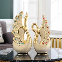 美式高端家居客廳電視酒柜裝飾品擺件電鍍金色工藝品情侶天鵝陶瓷