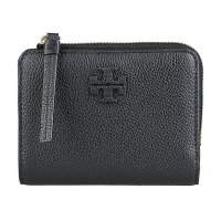 TORY BURCH Mcgraw雙T皮貼標LOGO拼色小牛皮6卡按釦拉鍊袋短夾(黑)
