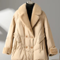 Mink fur collar fur coat for women's fashion mid length winter new goose down coat